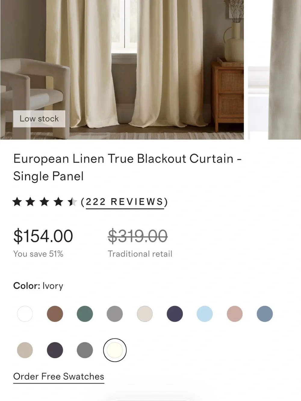 Quince European Luxe Linen Blackout ivory curtain panel 96x96 (one panel)